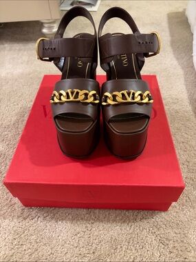 Valentino Brown Leather Platform Sandals with Gold Chain Accent